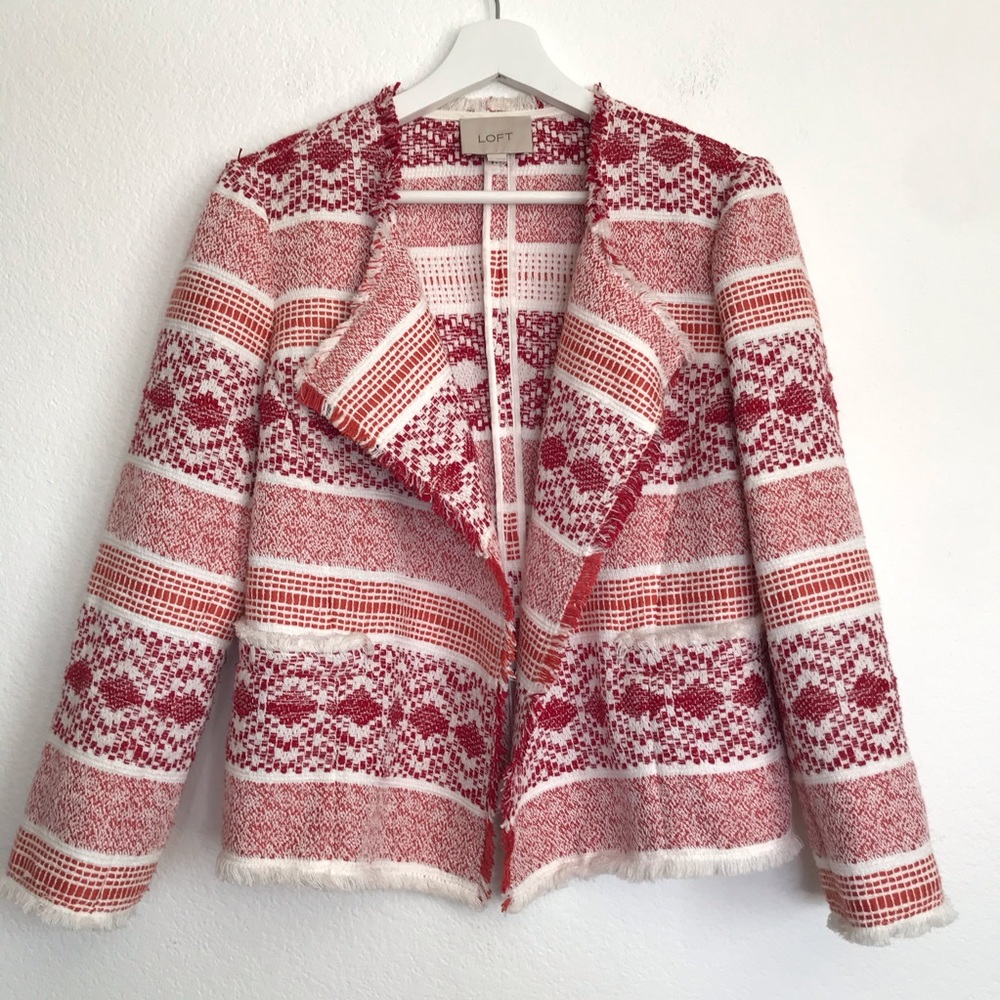 Tweed cardi jacket Loft 6 red white tweed blazer cardigan